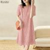 ZANZEA Vestido Casual de Mujer con Cuello Redondo y Manga Corta con Encaje Patchwork