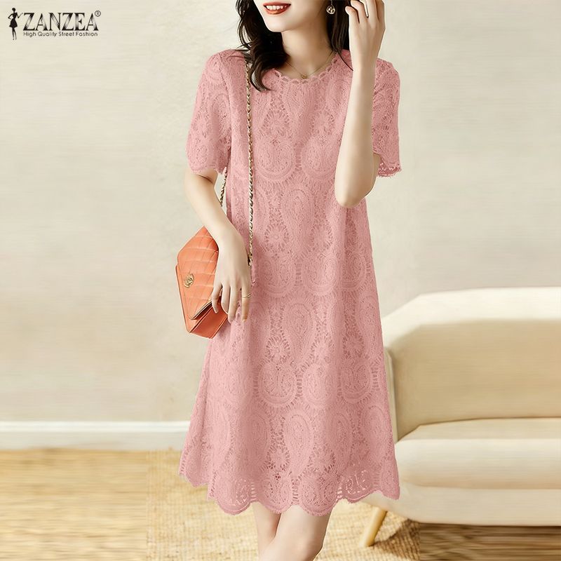 ZANZEA Vestido Casual de Mujer con Cuello Redondo y Manga Corta con Encaje Patchwork