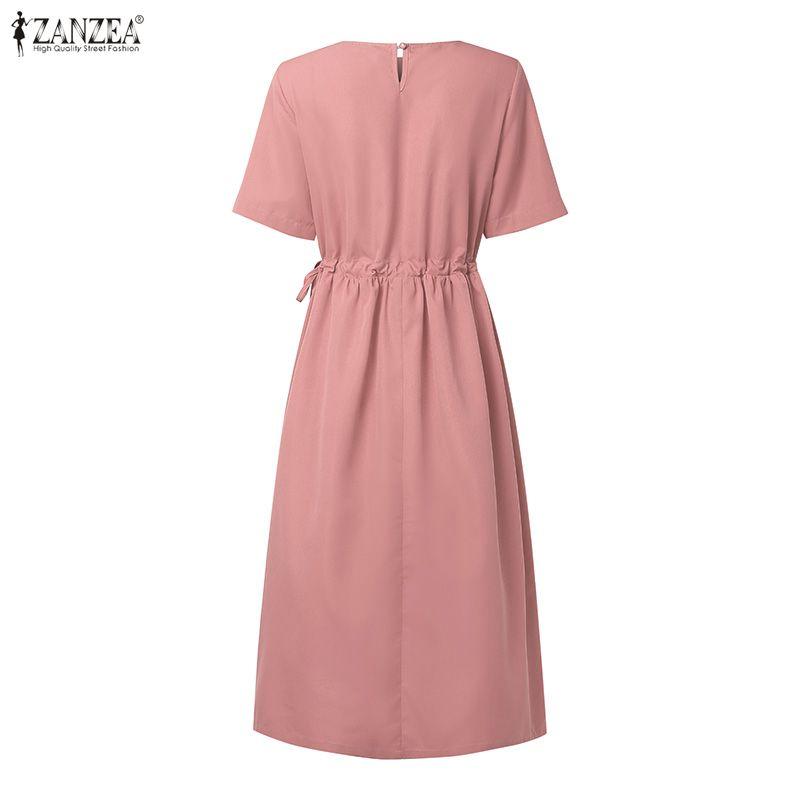 ZANZEA Damska luźna sukienka z krótkim rękawem i okrągłym dekoltem w jednolitym kolorze