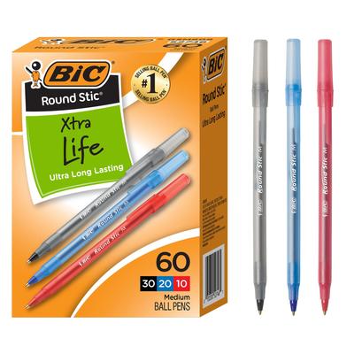 Stylo BIC Round Stic Xtra Life Ball pointe moyenne bleu 60, (Noir et rouge, comte)
