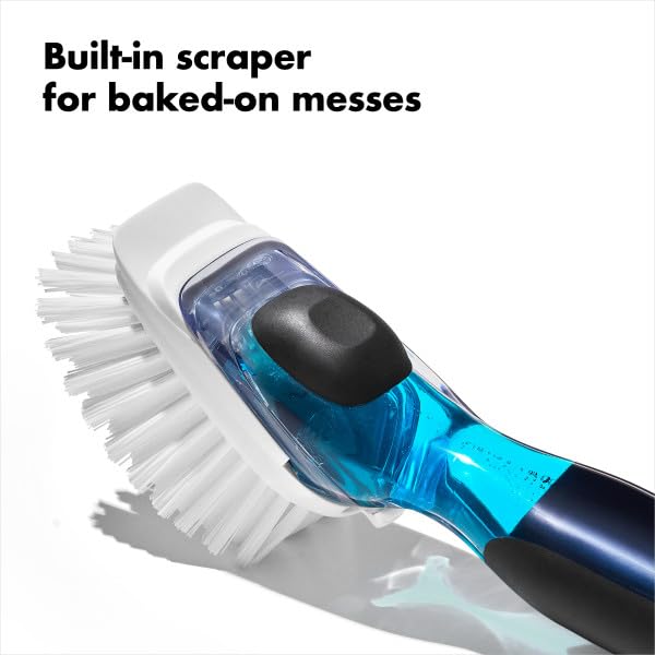 OXO Dish Brush for and 12361700 One-Push Brush, Non-Scratch, Detergent-Holding Dishes, Pots, Pans,