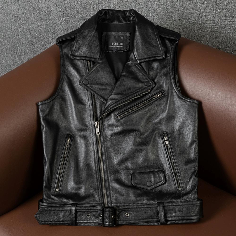 Men Biker Style Genuine Leather Vest Top Grain Cowhide Jacket Large Size Spring Autumn Fashion