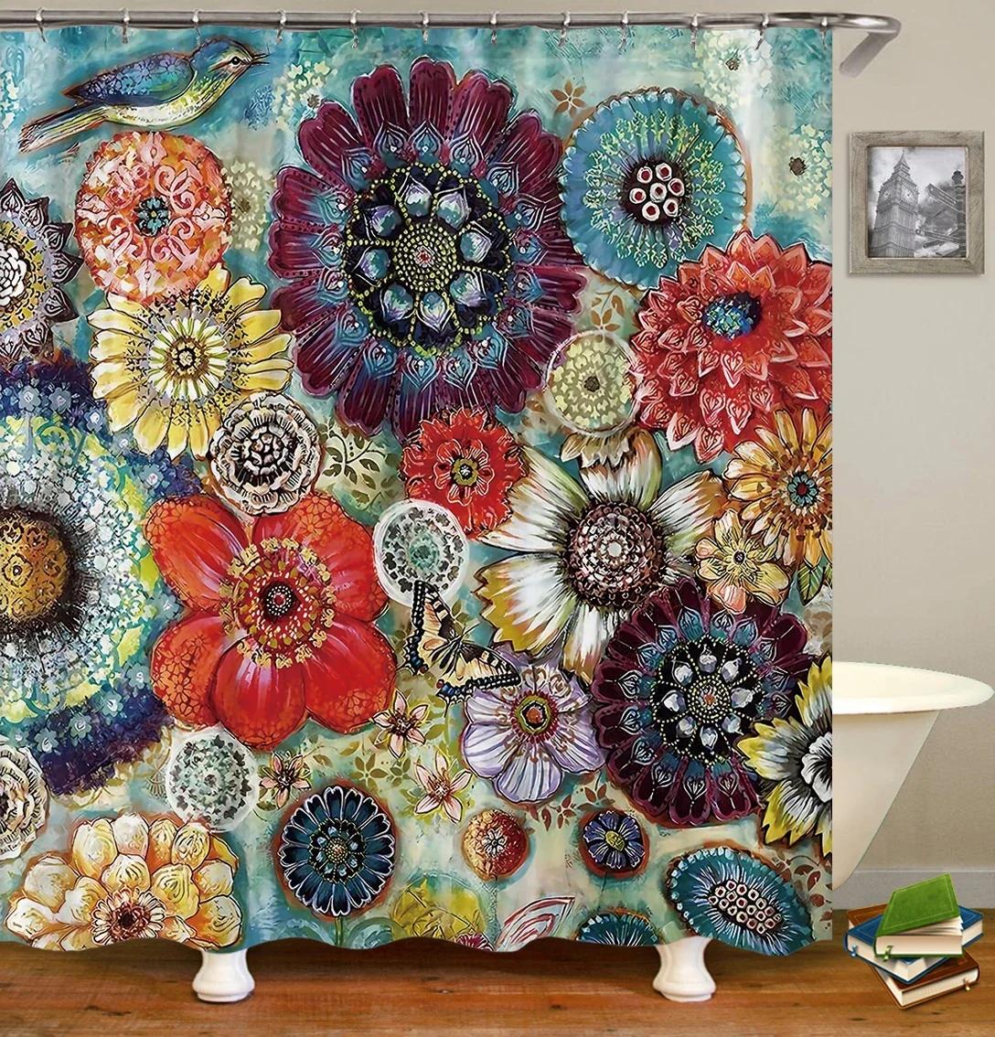 

3D Flower India Bohemian Print Nordic Style Shower Curtain Set With Hooks Natural Landscape Home Decoration Bathroom Curtains W160XH180cm