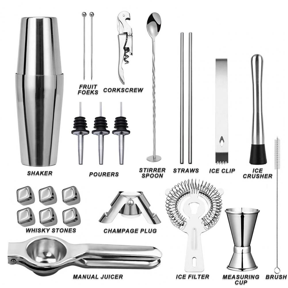 23Pcs Stainless Steel Cocktail Shaker Set with Stand for Drink Mixing Martini Shaker Jigger Strainer Mixer Spoon Tongs Opener