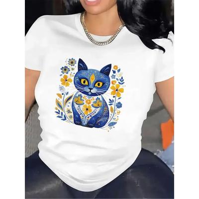 Short Sleeve T-Shirt with Blue Cat Floral Design, Made of Cotton Fiber, Lightweight and Durable