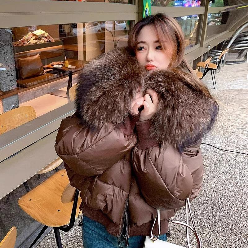 Solid Color Loose Jacket, Down Jacket, Cotton-padded Jacket, Women's Autumn and Winter Design, Big Fur Collar, Short Bread Jacket