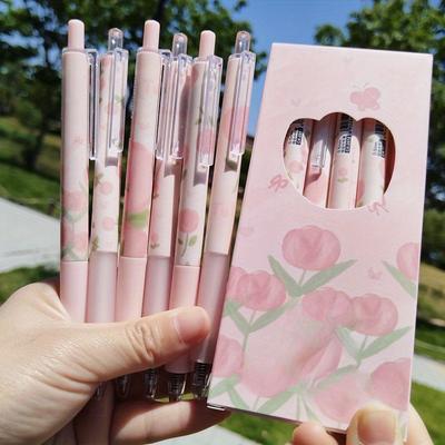 6pcs Pink Tulip Gel Pen 0.5mm Black Ink Kawaii Pen Set School Supplies Aesthetic Stationery Elegant Pens