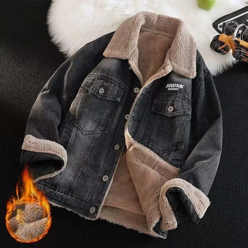 Herbst und Winter Mode Einfarbige Amerikanische Retro Verdickte Warme Jeansjacke Herren Freizeit Locker Sport Große Größe Mantel