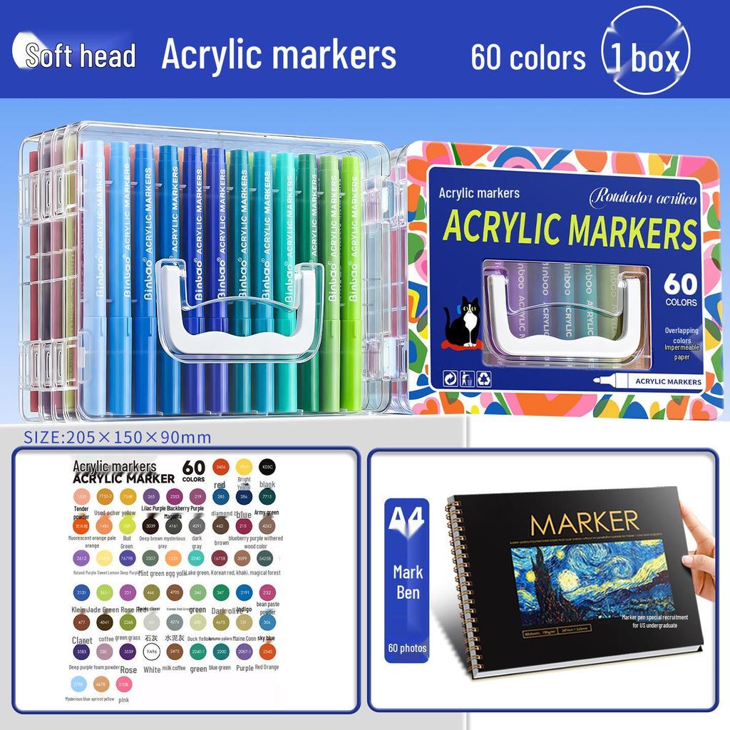 Akrylmarkör med mjuk spets och direktbläck & Staplingsbar låda – Blöder inte igenom, Stark täckning för grundskoleelever