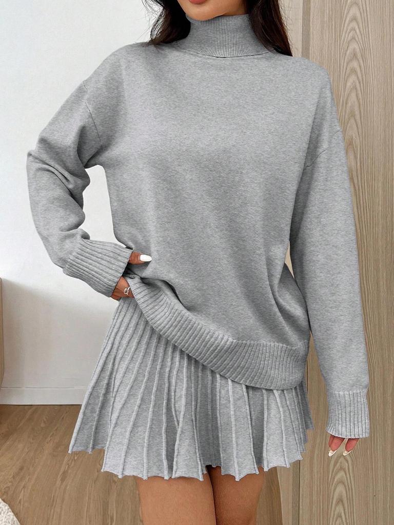 Women's Elegant Two-Piece Set: Turn-Down Collar Knitted Sweater & Pleated Skirt.