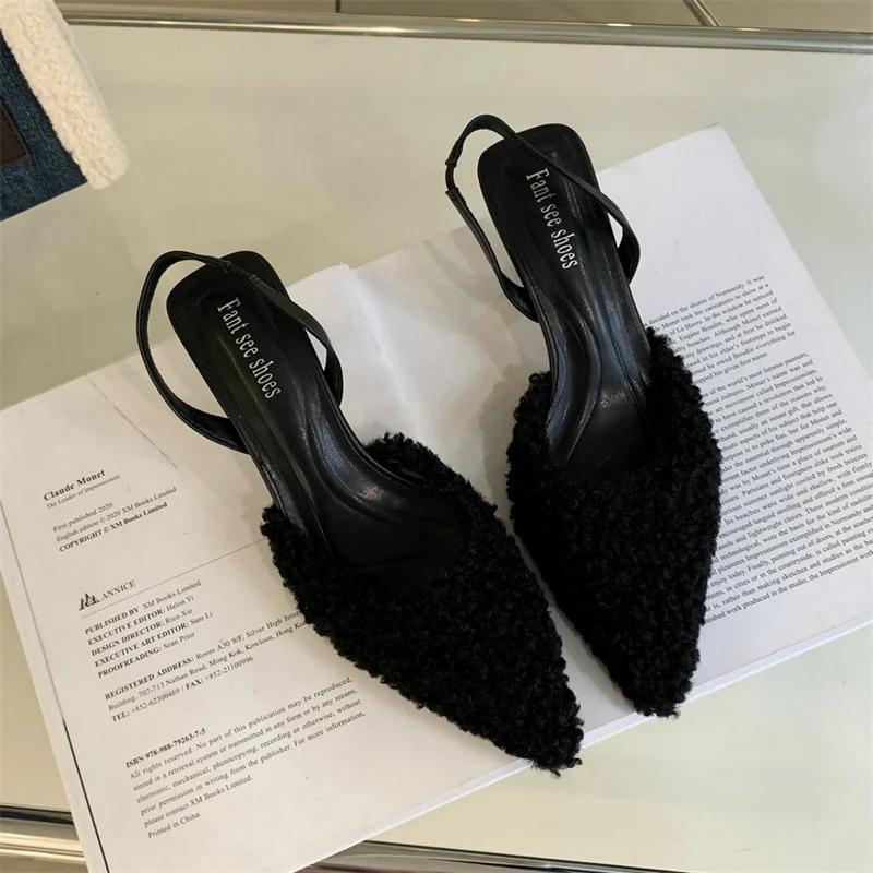 Fur Women High Heels Shoes Pointed Toe Fashion Sexy Slippers New Designer Party Dress Pumps Luxury Zapatillas Mujer