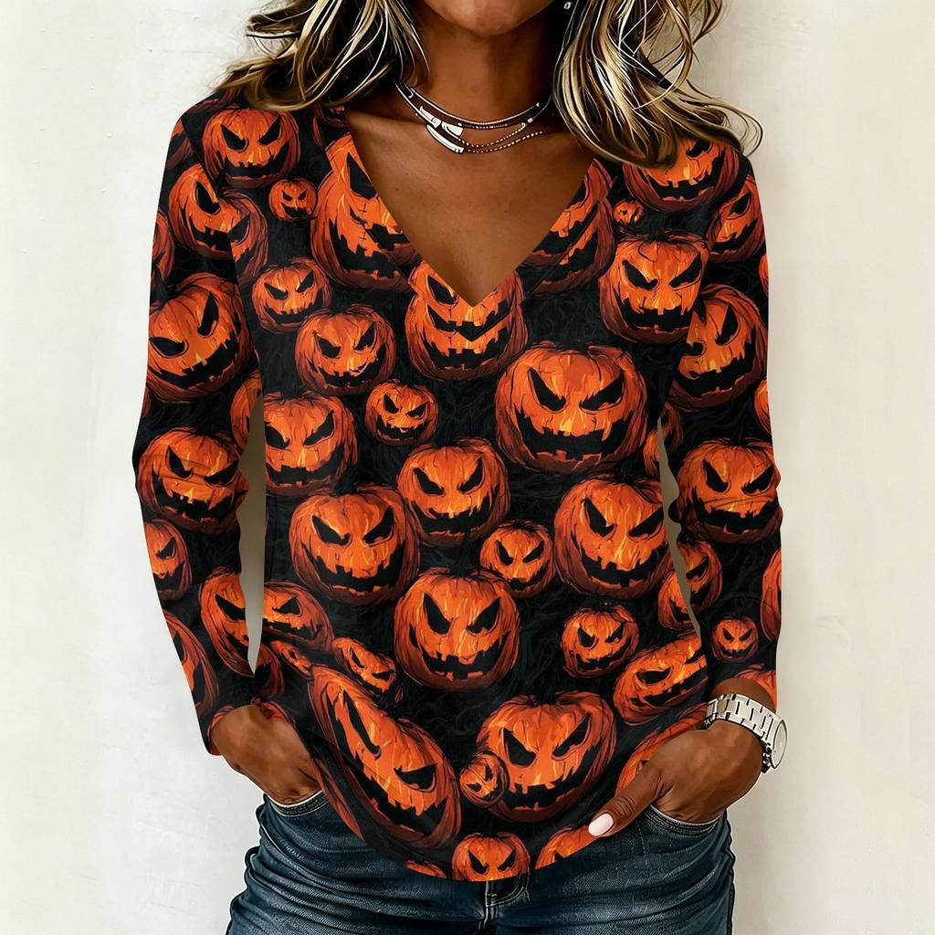 Women's Halloween Printed V Neck Long Sleeve Pullover Top Casual Lightweight Stretchy Shirt for Fall Seasonal Wear