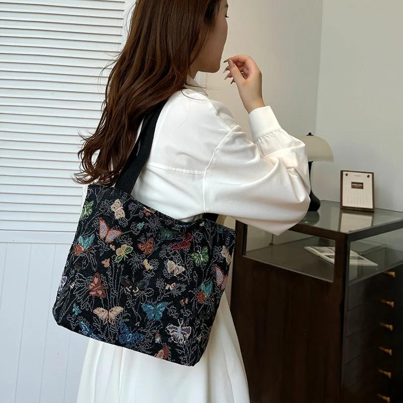 Canvas Zipper Shoulder Bag for Women Butterfly Print Casual Tote Bags Large Capacity Fashion