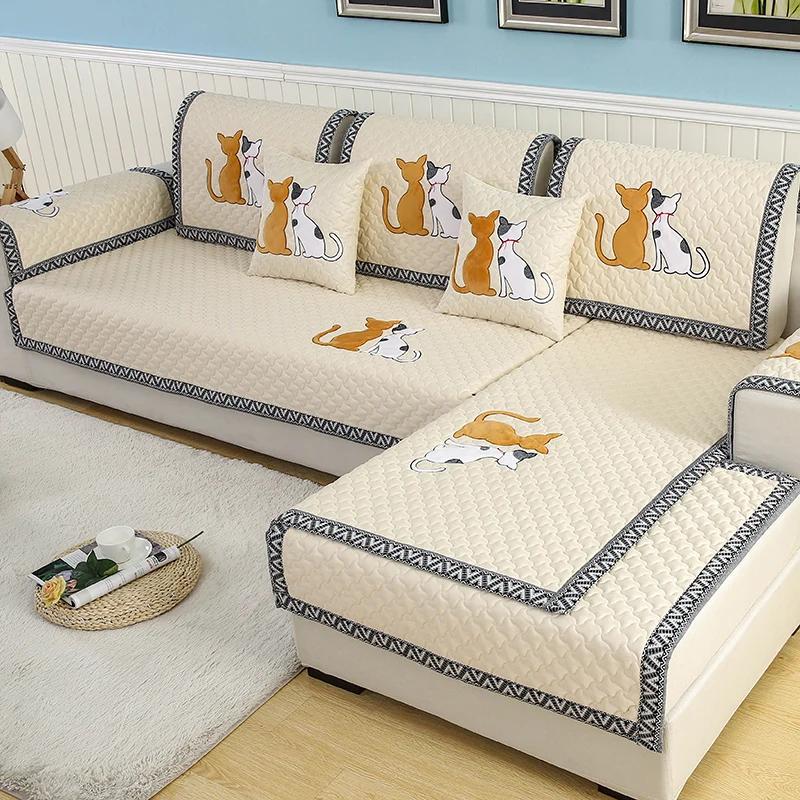 Non-Slip Sofa Cushion Thickened Fabric Four Seasons Universal Cushion Simple Modern Cartoon Cat Skin PrintingRetro Chinese Style