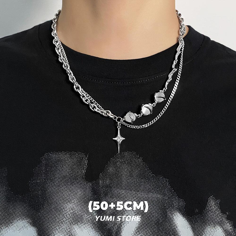 Titanium Steel Multi layered Star Cross Pendant Necklace For Men Women Trend Kpop Crystal Bead Sweater Chain Unisex