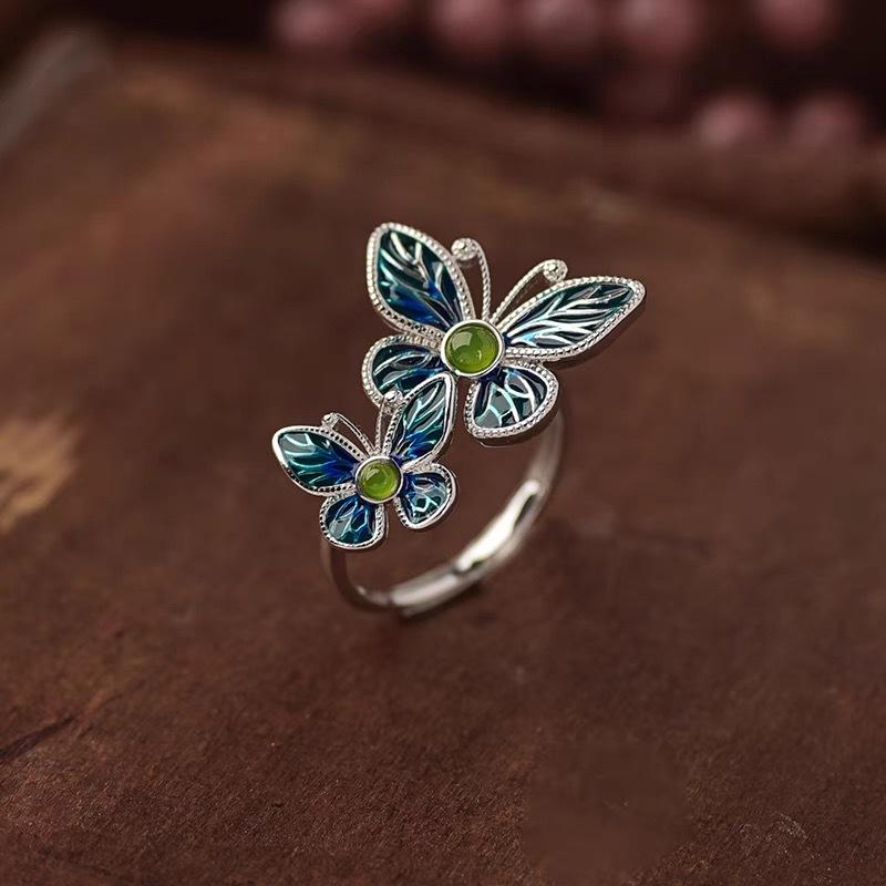 Vintage Ethnic Enamel Double Butterfly Ring For Women Artistic Temperament Fashionable Versatile Adjustable Finger Ring opening adjustable