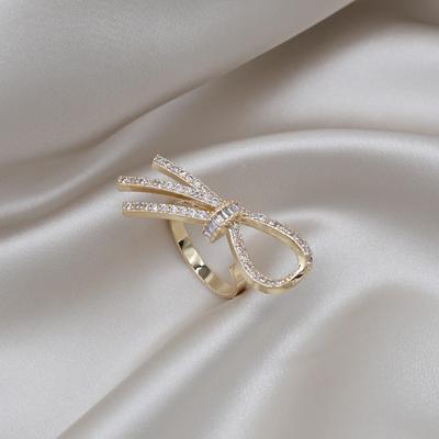 Real Gold Plating Korea New Design Fashion Jewelry Exquisite Luxury Zircon Bow Ring Simple Women's Party Opening Adjustable Ring