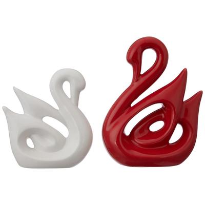 Happy Swan Couple Piano Finish keramické figurky pro domácí dekoraci (Sada 2 kusů, velký, bílý a červený)