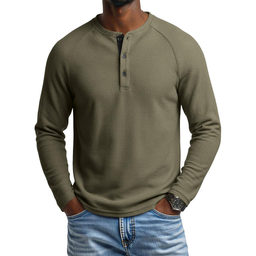 Men's Round Neck Long Sleeve Raglan T-Shirt with Button Placket for Casual Athletic Everyday Wear