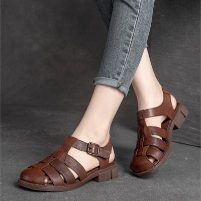 Genuine Leather Low Heel Breathable Sandals Retro Versatile Solid Color Women's Shoes