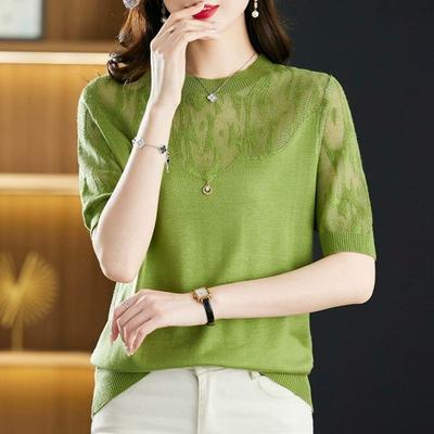 Dames Top met Gaas en Kant op de Hals, Korte Mouwen, Losse Pasvorm, Casual Gebreide Top