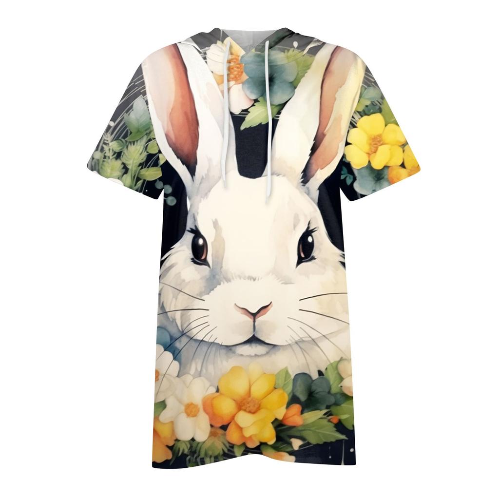 Women's Fashion Casual Easter Print Hooded Pocket Short Sleeve Top