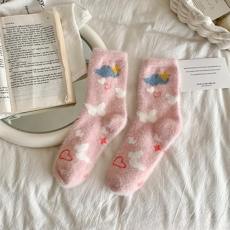 

Женские носки из норки, пушистые, плюшевые, теплые, для сна, мягкие, уютные, зимние носки, женские милые носки с героями мультфильмов, носки-тапочки one size розовый