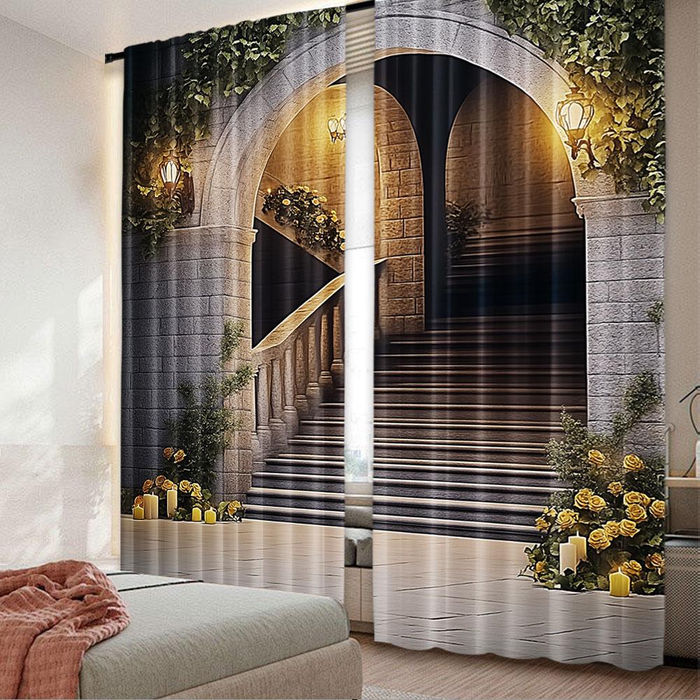 

Set Of 2 Dusk Landmark Medieval Retro Architecture Courtyard Garden Stairs Curtain Suitable Living Room Bedroom Polyester Perfect For W100*H70(CM)-Hooks&1PCS