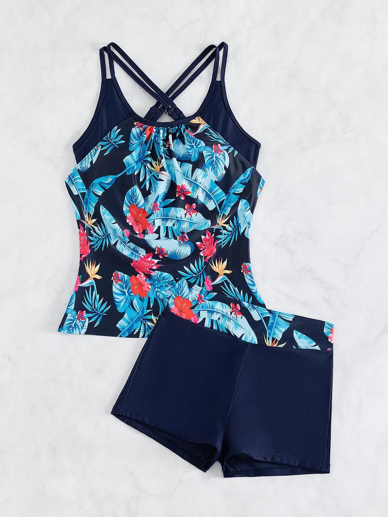 2025 European & American Print Tankini Swimsuit: Conservative Two-Piece with Shorts for Women