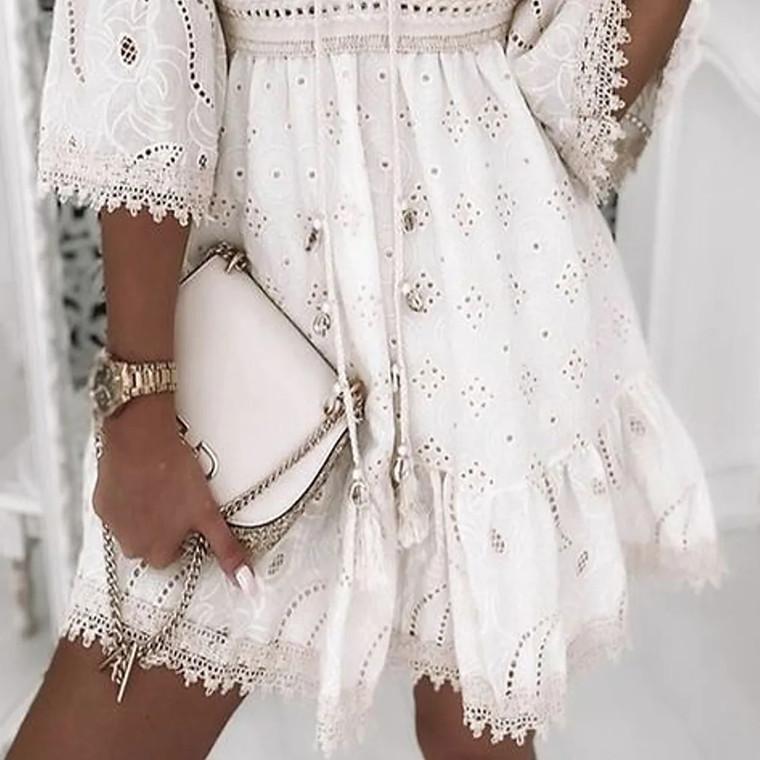 Summer Autumn Ruffle Dresses Plus Size Chic Women Cut Out Lace Dress Cover Flying Sleeves Wavy Hollow Out Elegant Dress