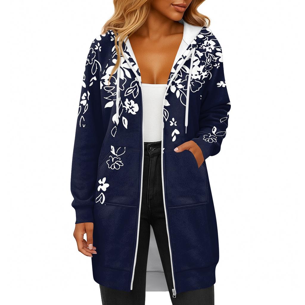 Women's Fashionable Printed  Long Sleeved Drawstring Hooded Zipper Pocket Long Casual Sweatshirt Jacket