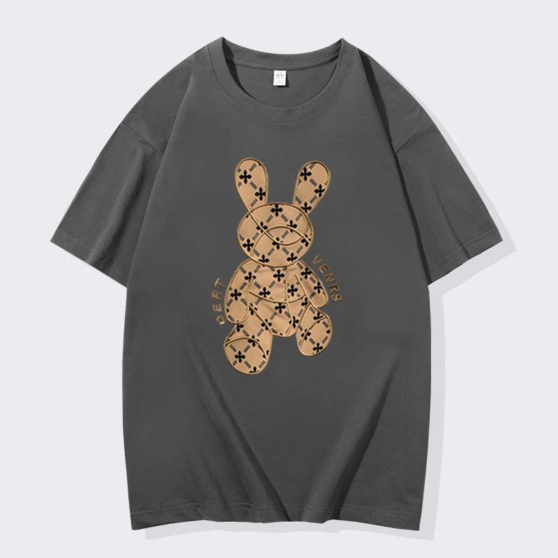 Spring Summer Men's Loose Casual Breathable T-Shirt 100% Cotton Clothing Bear Print Streetwear Women's Crew Neck Top