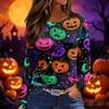 Women's Halloween Print Long Sleeve Round Neck Top with Hem Slits for Casual Fall Outings