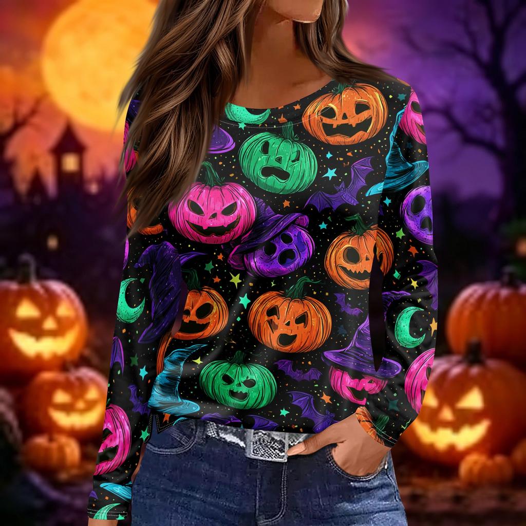 Women's Halloween Print Long Sleeve Round Neck Top with Hem Slits for Casual Fall Outings