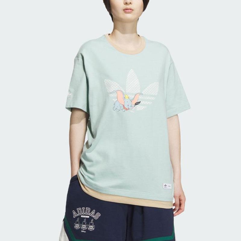 adidas Originals X Disney Dumbo Abbigliamento Sportivo Fantasia Cartone Animato Stampa Logo Color Block Maglietta a Maniche Corte Unisex Top Verde Fumo IN1073