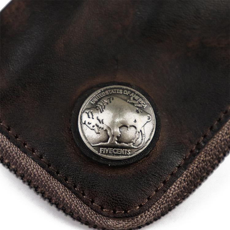 Oberste Schicht pflanzlich gegerbtes Leder Schlüsseltasche für Damen, Handgefertigtes alt gewaschenes Rindsleder, Reißverschluss im Retro-Stil, Autoschlüssel-Tasche für Herren