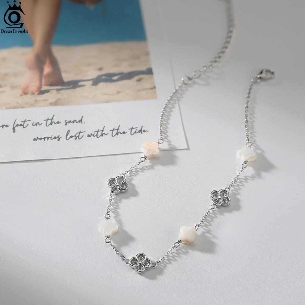 ORSA JEWELS 925 Sterling Silver White Shell Anklet Four Leaf Clover Design Nature Style Lucky Symbol Summer Accessory Gift GMA03