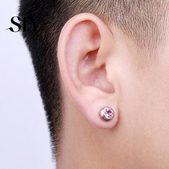 Stainless Steel Earrings 1 Pair Ear Studs Non-Piercing Magnetic Round Men Colored Rhinestone Embedded Women Fashion Jewelry Stud