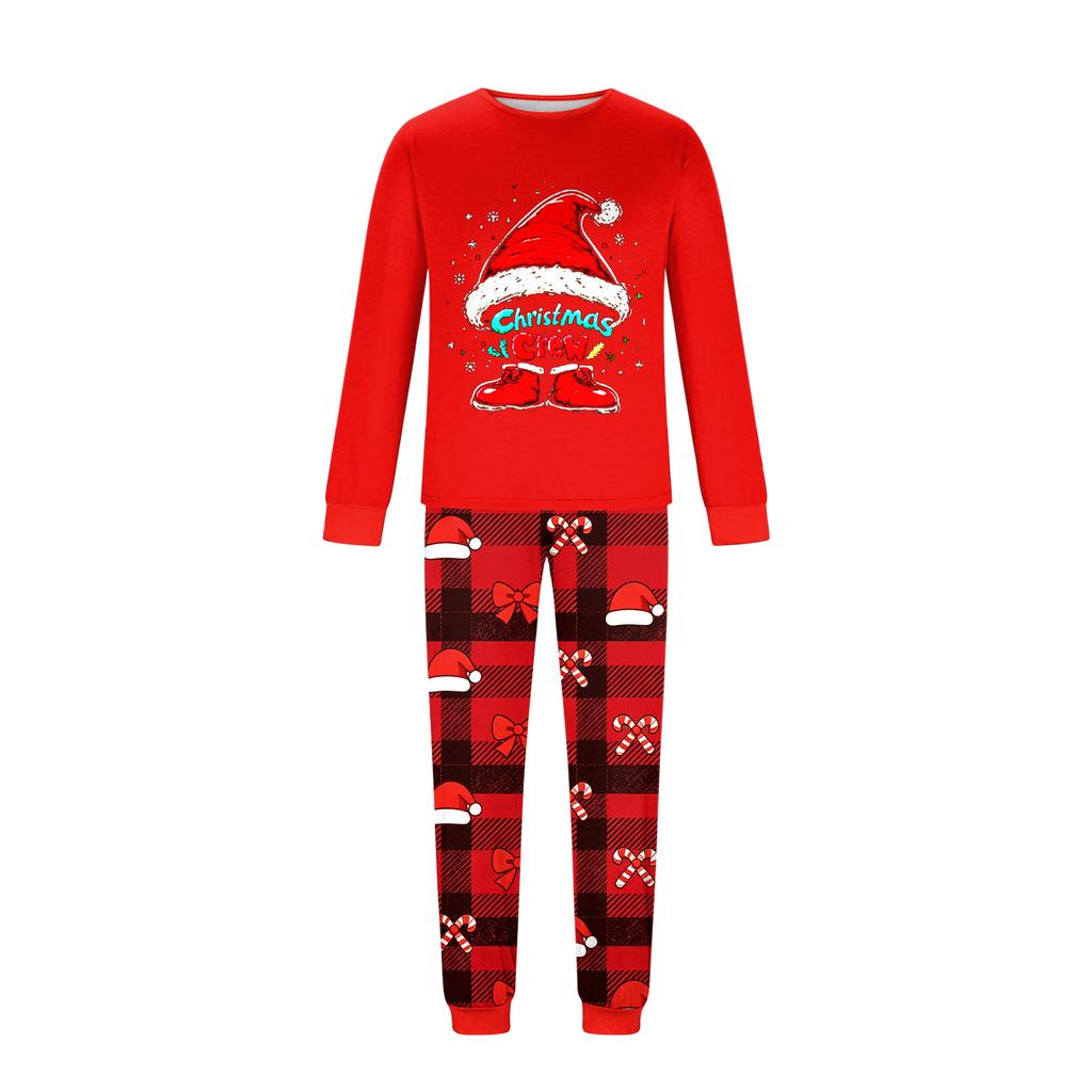 Christmas Print Matching Family Pajamas Set Long Sleeve Neck Top and Pants for Parents and Kids