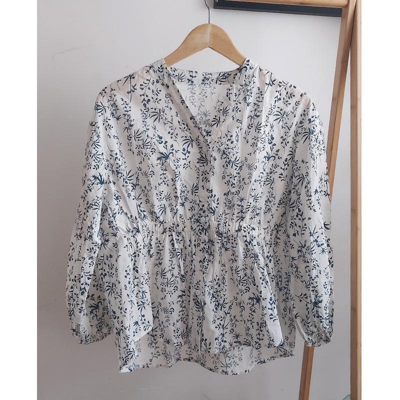 Floral Shirt Women's Long-sleeved Spring Clothes New V-neck Loose Top Pure Cotton Shirt