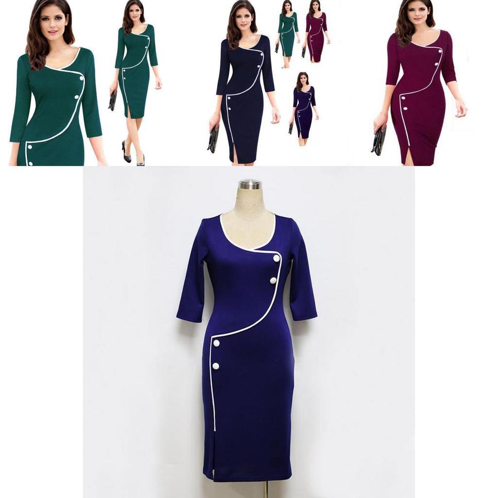 Elegant Womens Vintage Brief Split Bottom Dress With Timeless Deep O-neck Design
