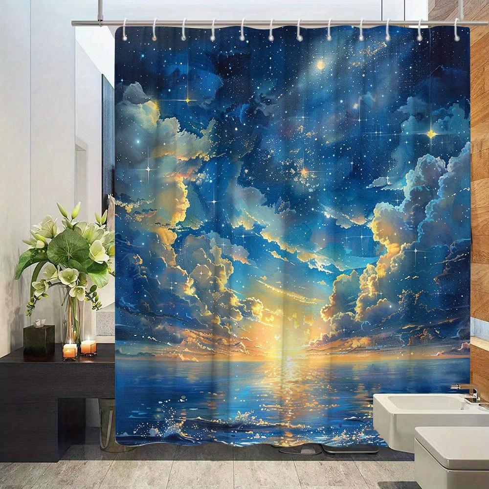 Sunset Scenery Shower Curtain - Starlight & Clouds Intertwined, Natural Landscape, Polyester Bathroom Decor, 12 Hooks