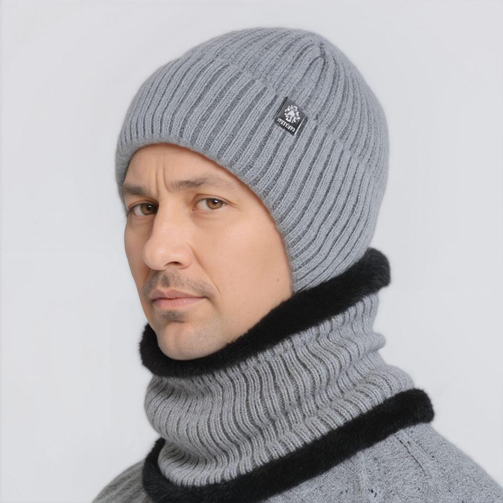 Men's Winter Knit Hat and Scarf Set with Ear Protection for Seniors