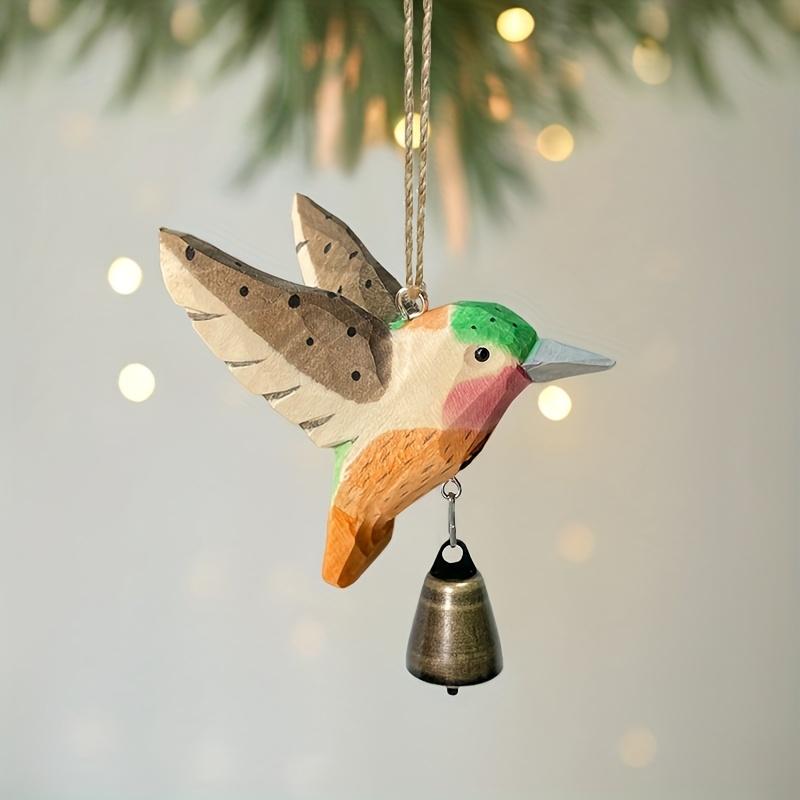 Hand-Carved Wooden Hummingbird Figurine with Bell Handmade Bird Art Carved Small Animal Garden Statue Mini Wildlife Sculpture