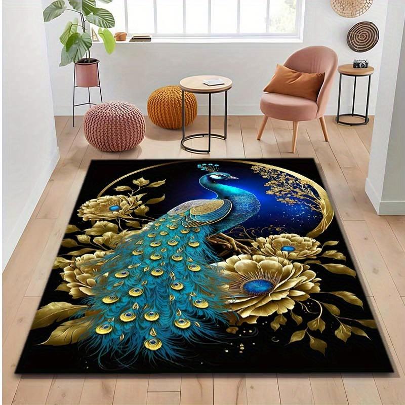 Luxurious Peacock & Floral Design Area Rug - Anti-Slip, Soft Polyester Floor Mat for Bedroom, Living Room, Office, and More