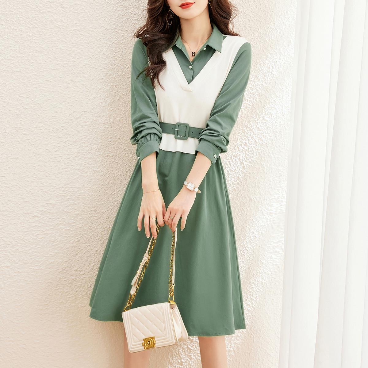 

Spring 2024 Trendy Women s A-Line Dress: Long-Sleeved, Waist-Slimming with Large Swing Skirt Double Extra Large зелений