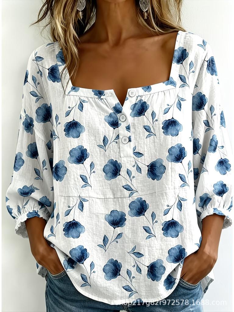 New Xiyin Summer T-Shirt Women's Printed Square Neck Button Bubble Sleeve Women's Top Women's