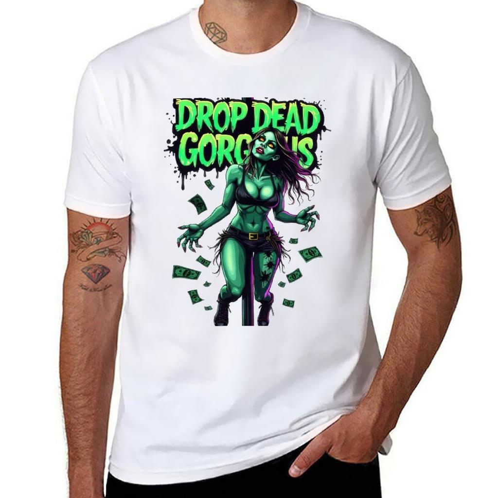 Drop Dead Gorgeous Zombie Neon Green Undead Beauty Horror Pinup Art Tshirt Plus Size Workout Short Sleeve Top Tshirt