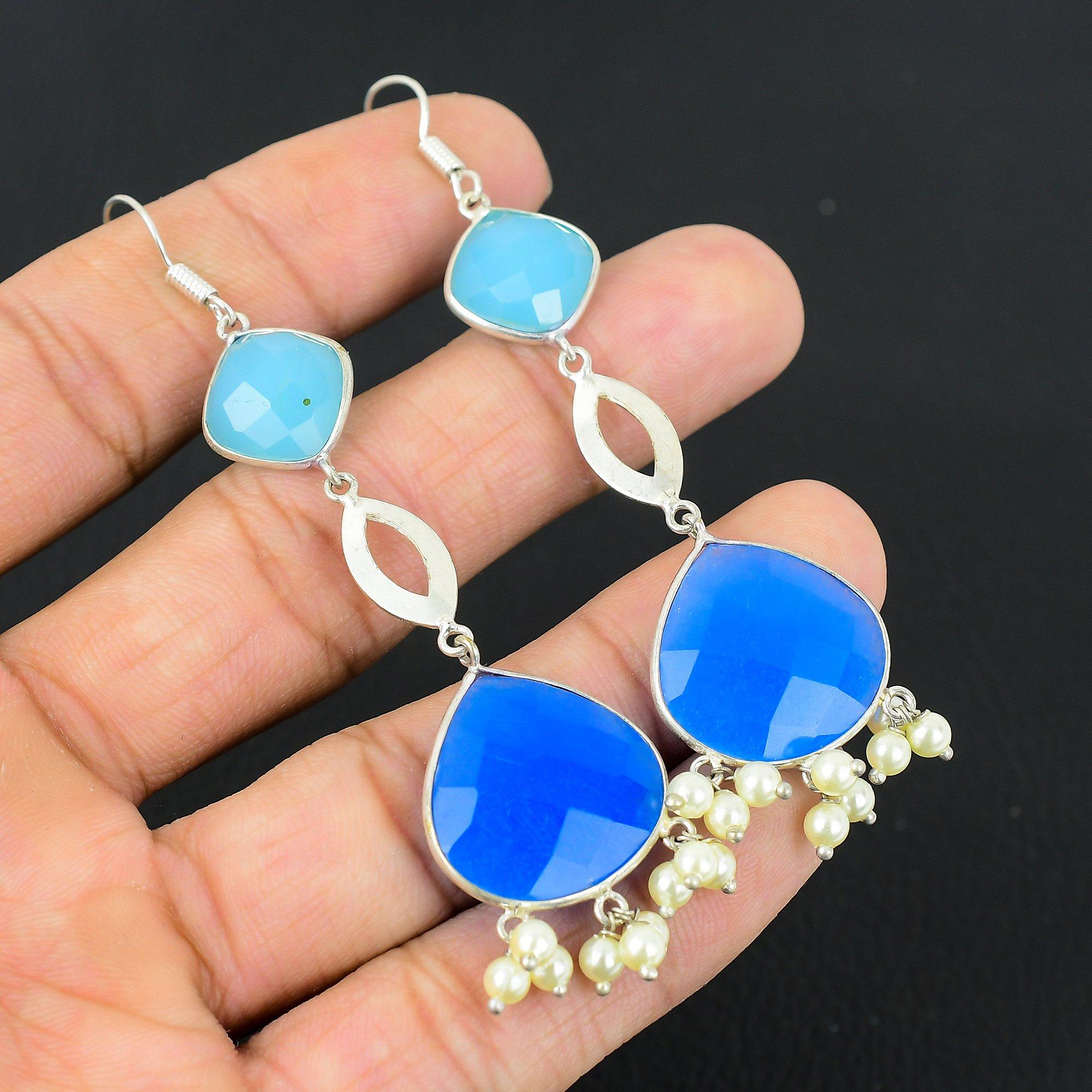 

Anniversary Gift For Her Natural Blue Saphire Drop/Dangle Earrings 925 Silver