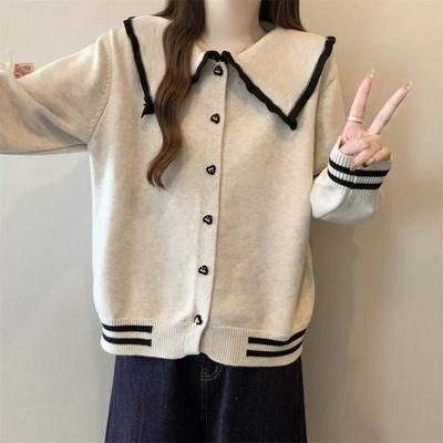 Autumn and Winter New Large Size Fat Mm Contrasting Color Doll Collar Age-reducing Knitted Sweater Age-reducing Chic Primer Sweater Versatile